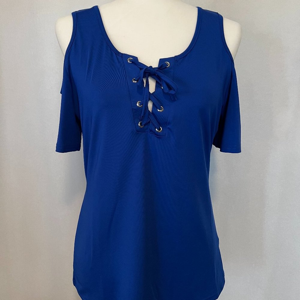 Women's Elfin Royal Blue Lace Up Peekaboo Shoulder Blouse